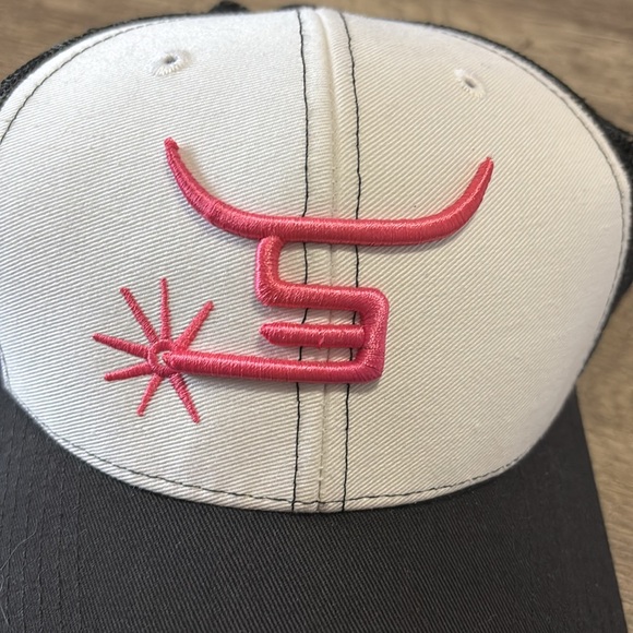 Spin Em Black and White Trucker Hat with Pink Logo - Picture 2 of 7